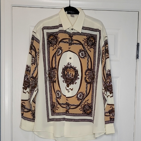 Men's two-piece Cream and Brown Patterned Shirt and brown pants. - Picture 1 of 9
